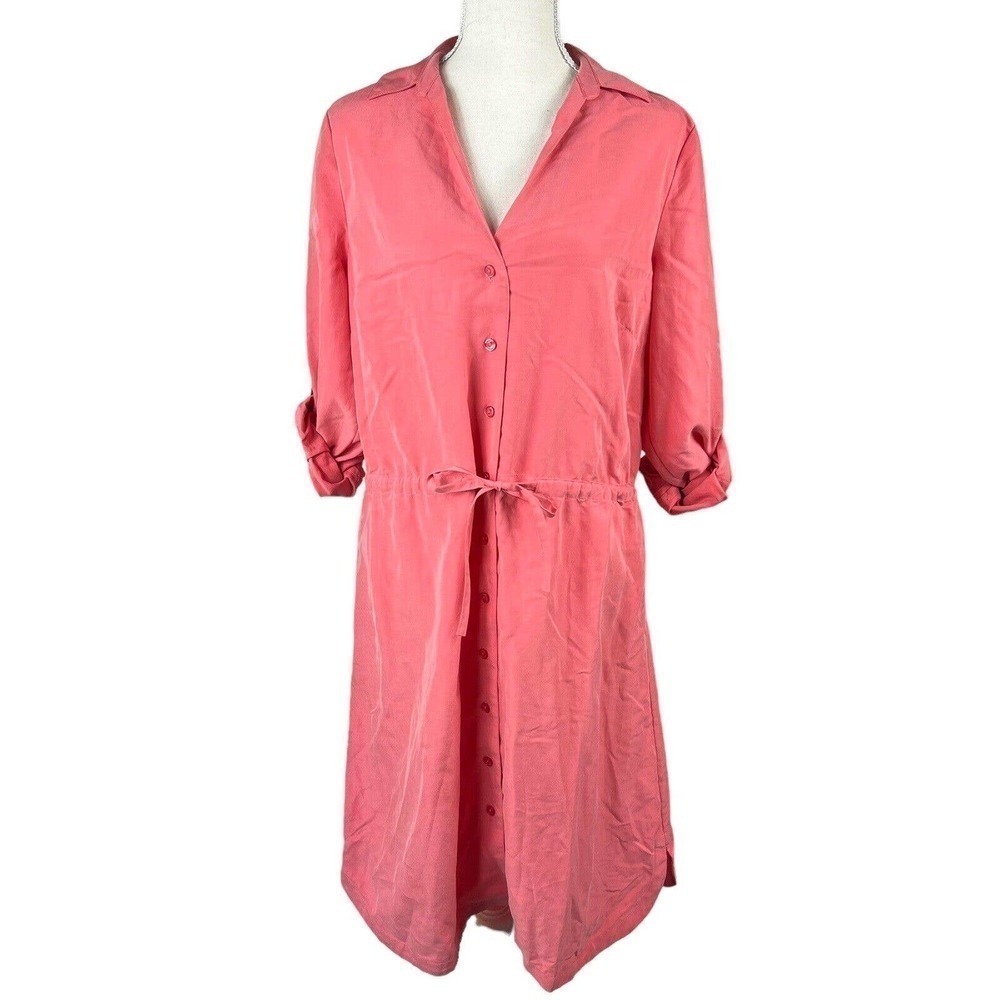 Soft Surroundings Coral Pink Long Sleeve Shirt Dress Sz M Drawstring Waist Modal